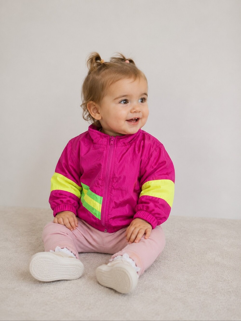 Vintage 80s 90s Baby Windbreaker Jacket 6-12M Bright Pink Neon Colorblock Retro